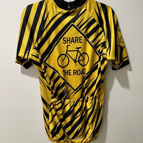 Men’s Large ‘Share the Road’ Yellow and Black Cycling Jersey, EUC, pocket, zip - Picture 1 of 5